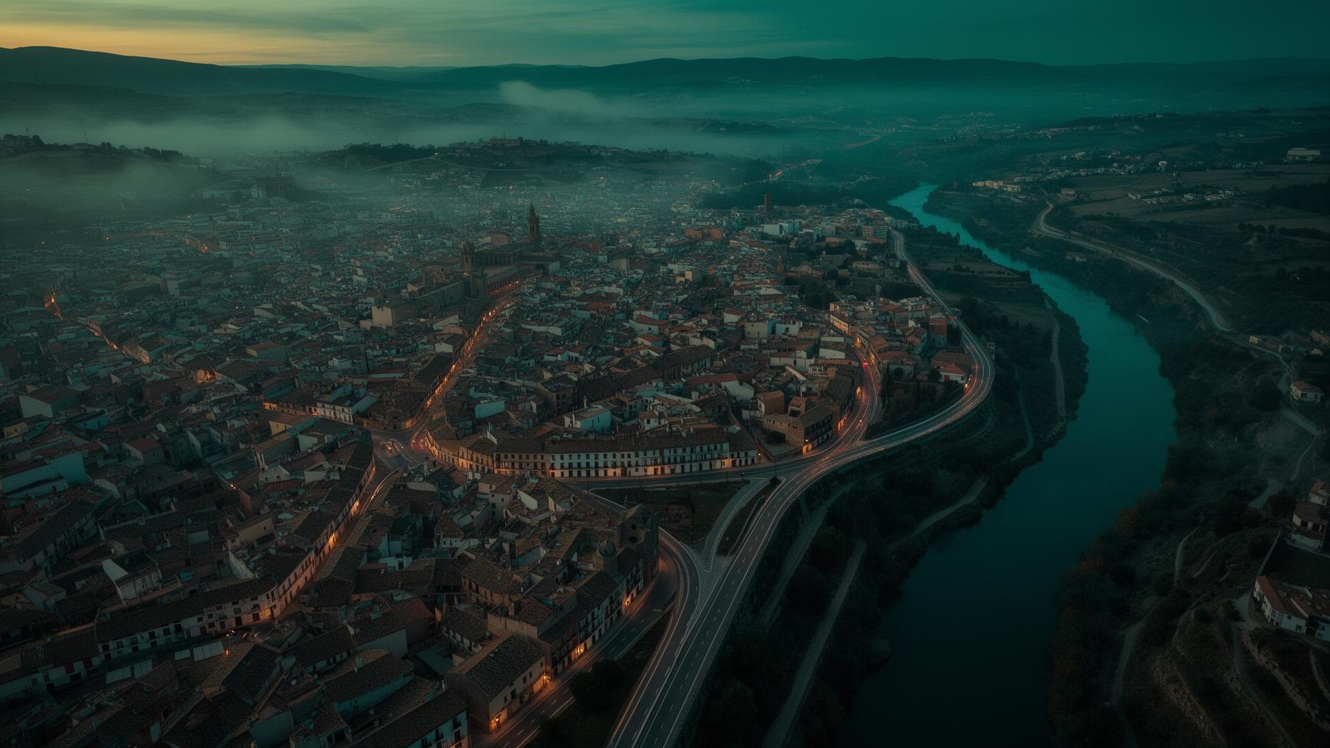 Aerial view of an Iberian open-world city at dusk with a river and road network